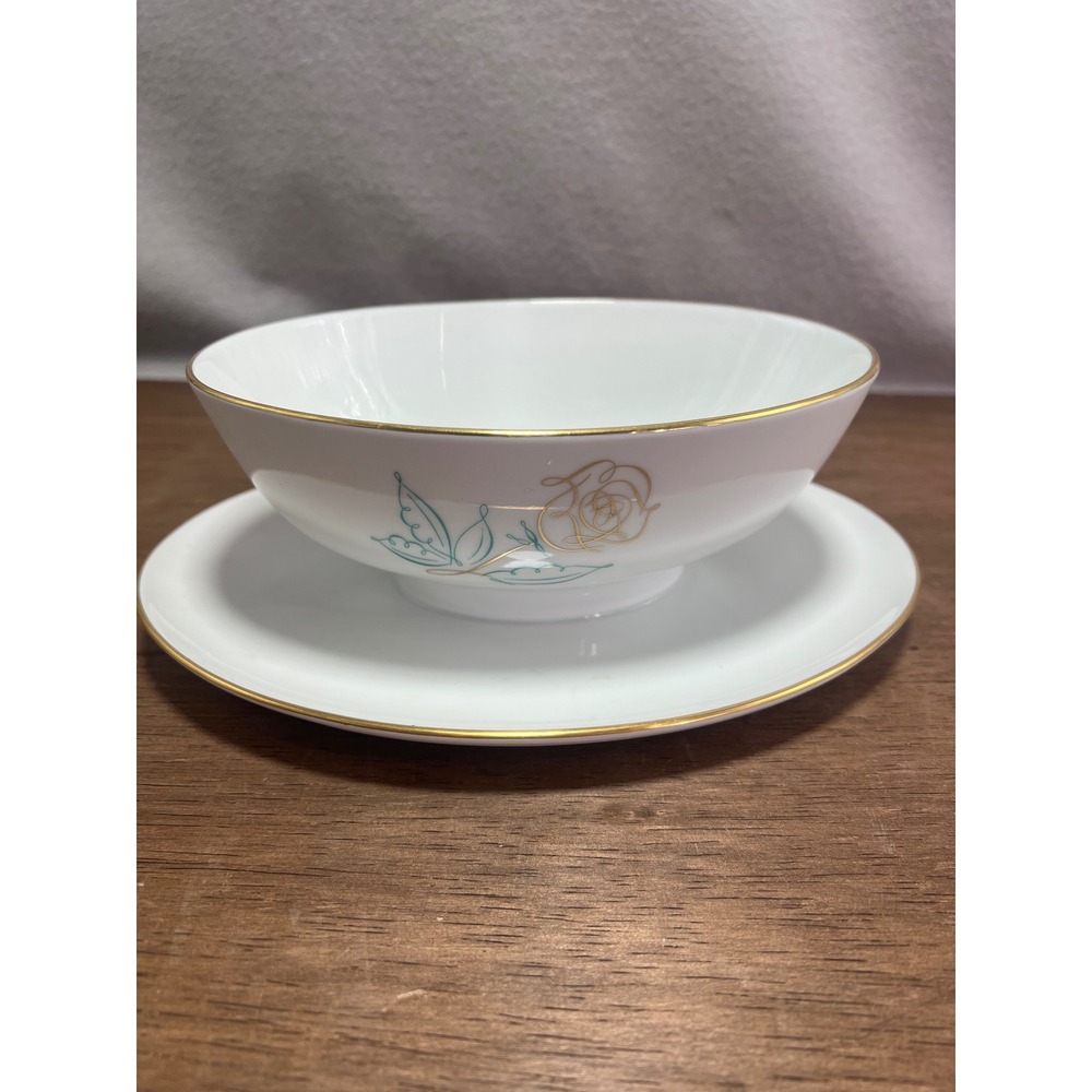 Easterling Spencerian Rose Gravy Boat White Gold Trim Mid Century Modern 9.25"‎